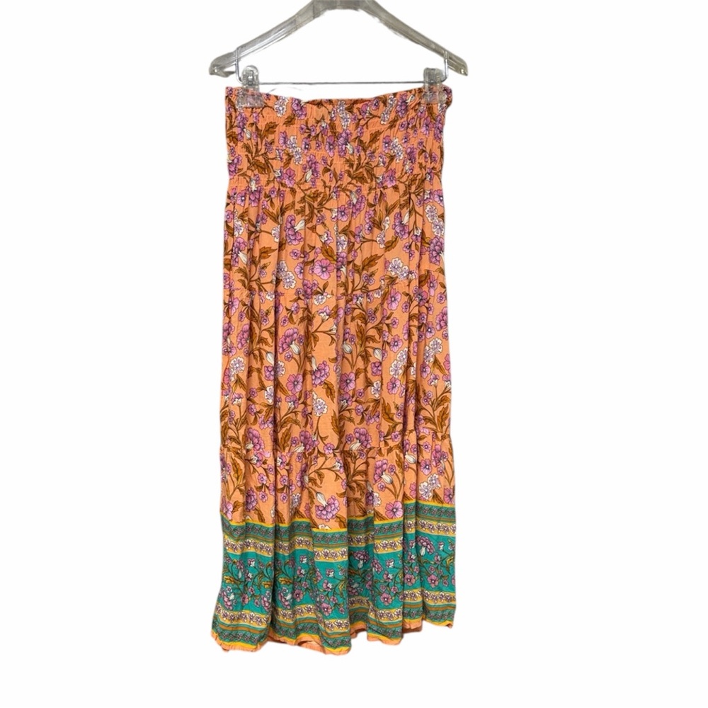 Orange Floral paisley high waisted smocked Midi Skirt dress with Green Border M